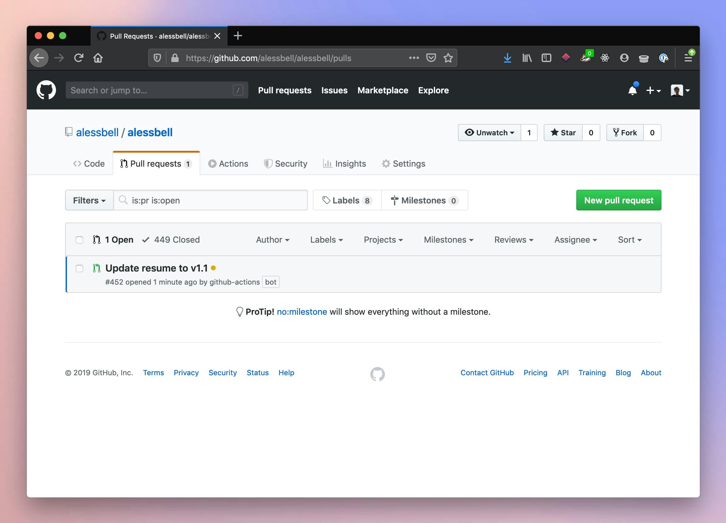 A screenshot of the GitHub Pull Requests UI showing the first PR created by my GitHub action: entitled 'Update resume to v1.1', this PR automatically updates my aless.co resume PDF with the one it downloaded from the latest automated release in another repository