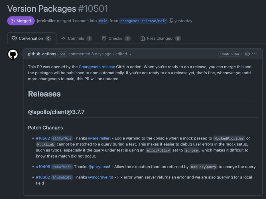 A screenshot of a Version Packages PR automatically created by the Changesets Action